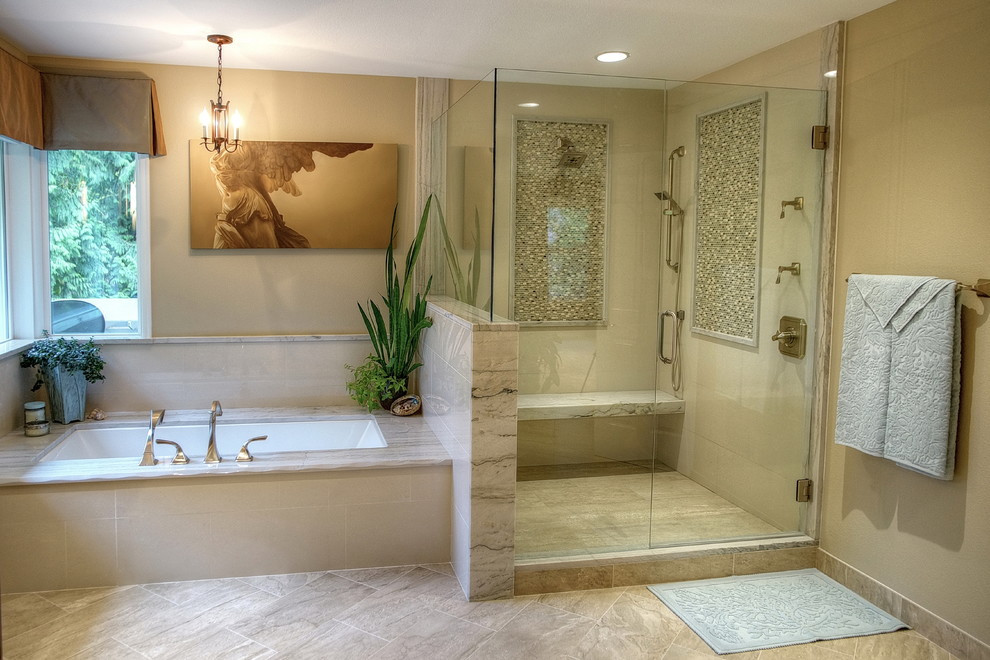Huge transitional master beige tile and porcelain tile porcelain tile double shower photo in Seattle with an integrated sink, raised-panel cabinets, granite countertops, an undermount tub, a two-piece toilet and beige walls