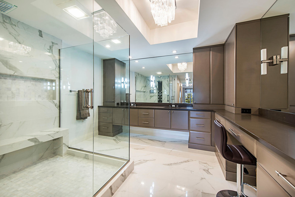 Medium sized modern ensuite bathroom in Tampa with flat-panel cabinets, brown cabinets, a walk-in shower, a one-piece toilet, stone slabs, porcelain flooring, a submerged sink, engineered stone worktops, white floors and a hinged door.