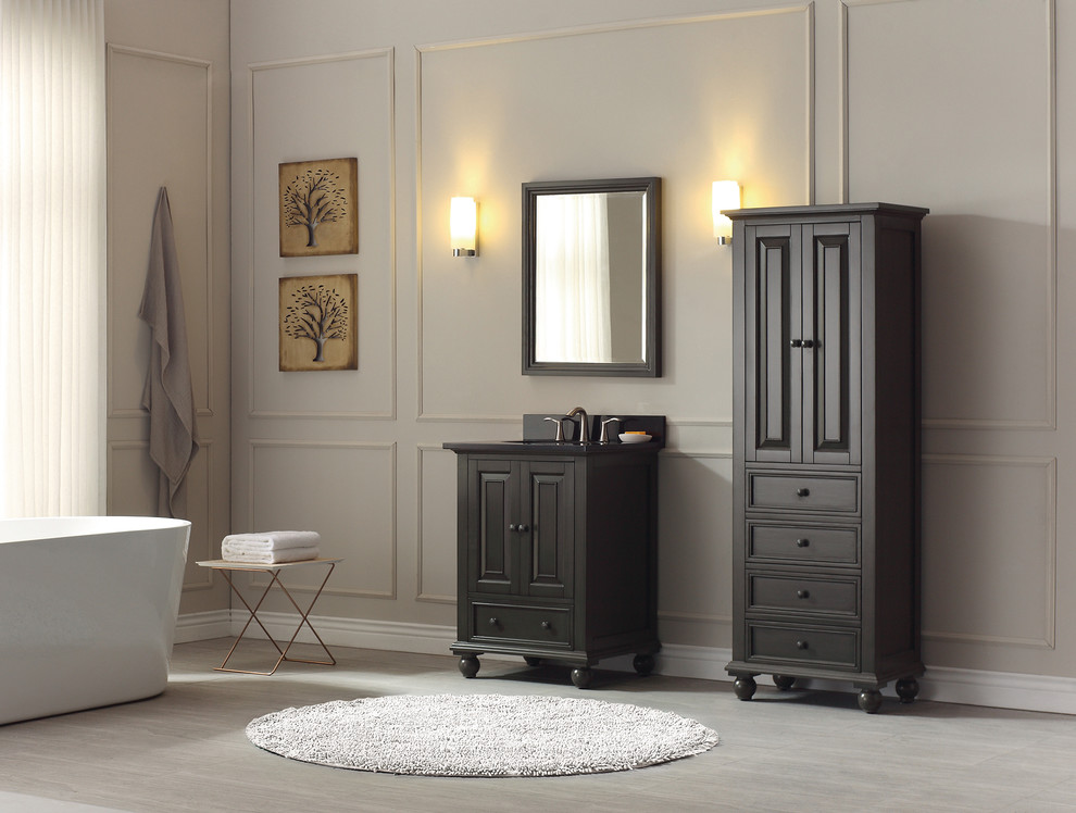 Exempel på ett litet amerikanskt badrum med dusch, med möbel-liknande, grå skåp, ett fristående badkar, beige väggar, klinkergolv i keramik, ett undermonterad handfat och granitbänkskiva