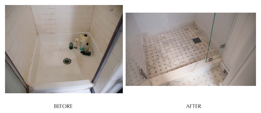 Inredning av ett klassiskt litet en-suite badrum, med skåp i shakerstil, vita skåp, ett platsbyggt badkar, en dusch i en alkov, en toalettstol med hel cisternkåpa, vit kakel, keramikplattor, vita väggar, klinkergolv i keramik, ett nedsänkt handfat och marmorbänkskiva
