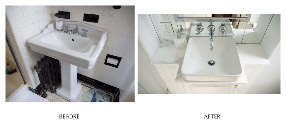 Foto på ett litet vintage en-suite badrum, med skåp i shakerstil, vita skåp, ett platsbyggt badkar, en dusch i en alkov, en toalettstol med hel cisternkåpa, vit kakel, keramikplattor, vita väggar, klinkergolv i keramik, ett nedsänkt handfat och marmorbänkskiva