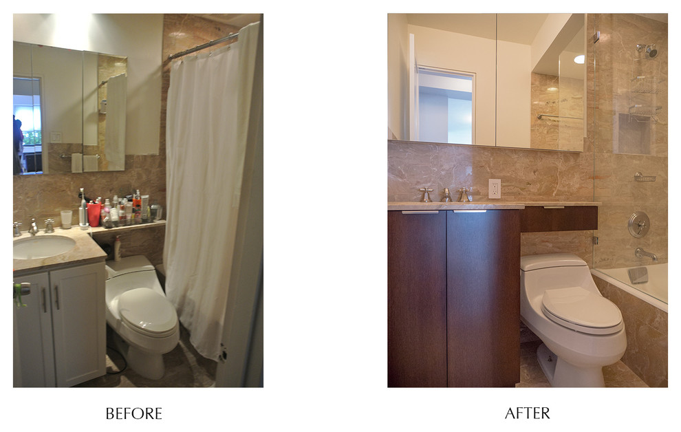 Small contemporary ensuite bathroom in New York with flat-panel cabinets, dark wood cabinets, a built-in bath, a shower/bath combination, a one-piece toilet, beige tiles, beige walls, marble flooring, a submerged sink and stone tiles.