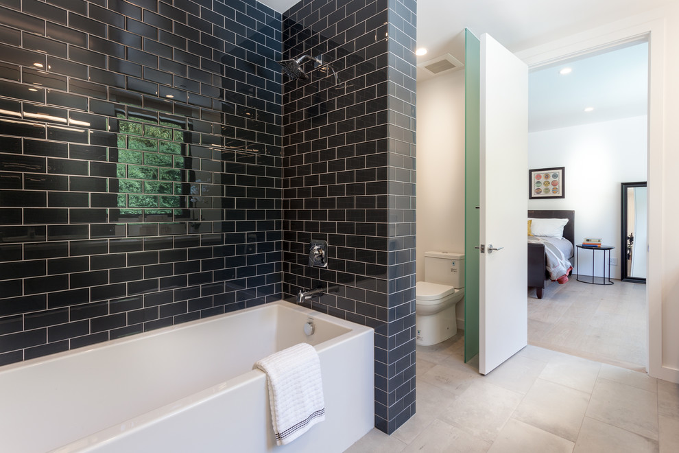 Bathroom - large contemporary master blue tile and subway tile beige floor and porcelain tile bathroom idea in Los Angeles with flat-panel cabinets, gray cabinets, a one-piece toilet, white walls and an undermount sink