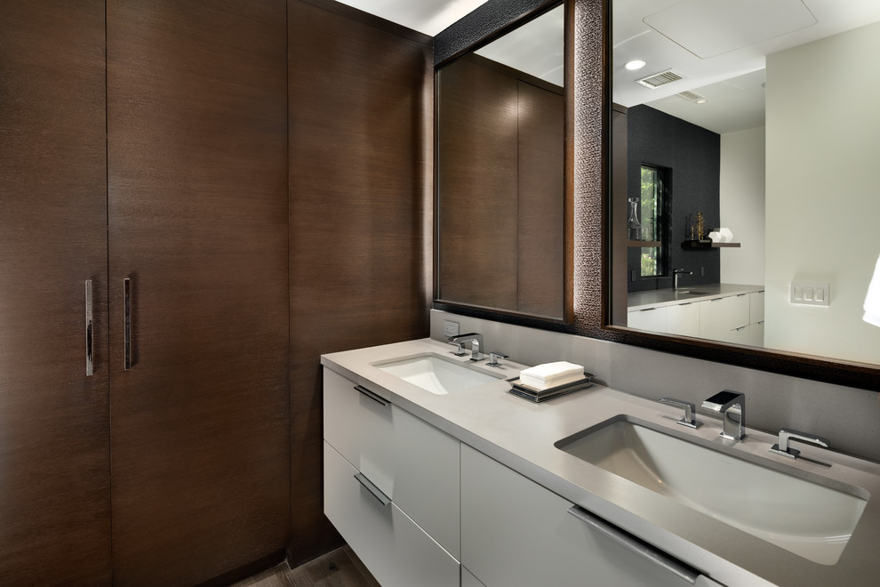 Bathroom - large modern 3/4 dark wood floor and brown floor bathroom idea in Phoenix with flat-panel cabinets, brown cabinets, quartz countertops and gray countertops