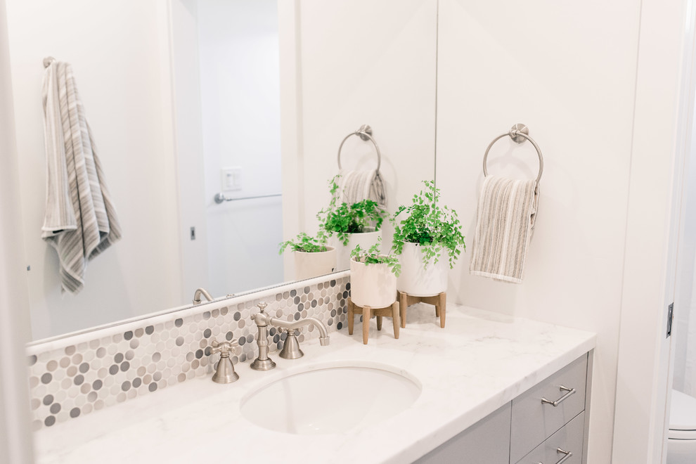 Inspiration for a mid-sized transitional kids' gray tile and mosaic tile marble floor bathroom remodel in San Francisco with shaker cabinets, gray cabinets, white walls, an undermount sink and marble countertops