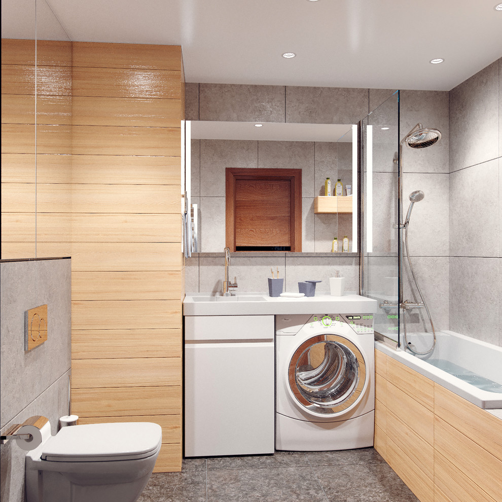 Inspiration för ett mellanstort funkis en-suite badrum, med släta luckor, vita skåp, en dusch/badkar-kombination, en vägghängd toalettstol, flerfärgad kakel, flerfärgade väggar, ett integrerad handfat, flerfärgat golv och dusch med gångjärnsdörr