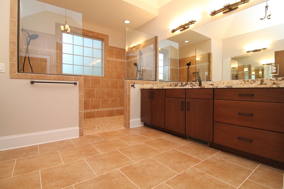 Inspiration for an expansive contemporary master bathroom in San Francisco with flat-panel cabinets, dark wood cabinets, an open shower, orange tile, ceramic tile, white walls, ceramic floors, an undermount sink, marble benchtops, orange floor and an open shower.
