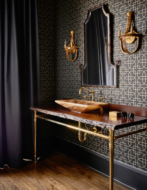Dramatic Contrasts: Black Bathroom with Vintage Vanity and Stone Vessel Sink