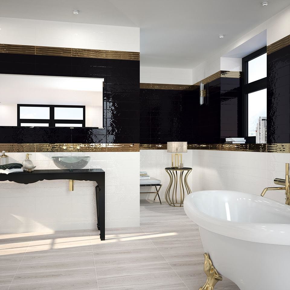 Idée de décoration pour une salle de bain principale minimaliste de taille moyenne avec un placard sans porte, des portes de placard noires, une baignoire sur pieds, un carrelage noir et blanc, des carreaux de céramique, un mur noir, parquet clair, une vasque, un plan de toilette en surface solide et un sol beige.