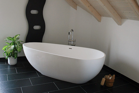 Inspiration for a large modern master freestanding bathtub remodel in San Francisco