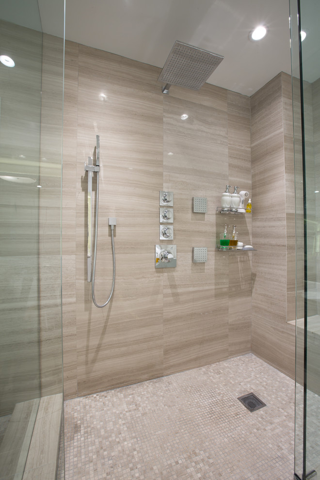 Bathroom - large modern master white tile and mosaic tile porcelain tile and gray floor bathroom idea in Miami with a one-piece toilet, white walls and a hinged shower door