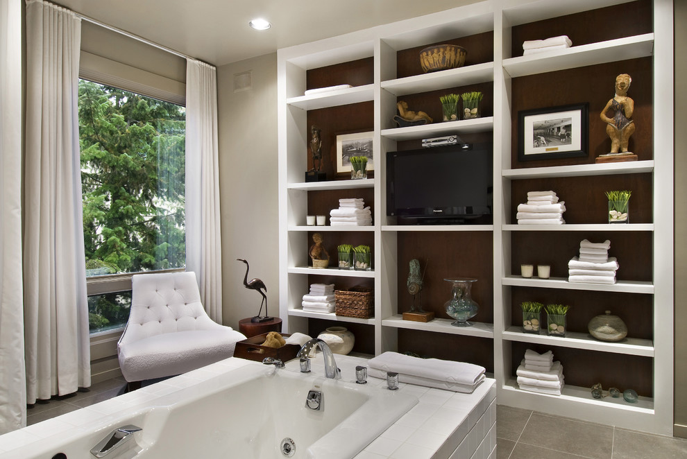 Example of a mid-sized trendy master white tile and ceramic tile ceramic tile drop-in bathtub design in Detroit with open cabinets, white cabinets, beige walls and tile countertops
