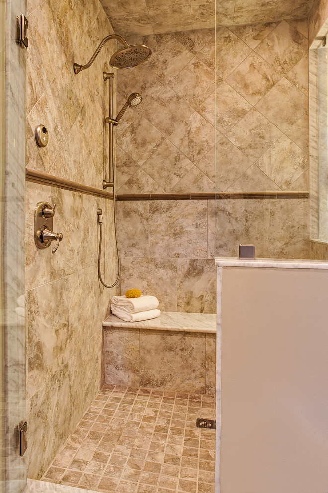 Inspiration for a mid-sized timeless master gray tile and porcelain tile porcelain tile corner shower remodel in Charlotte with an undermount sink, raised-panel cabinets, granite countertops, a two-piece toilet and beige walls
