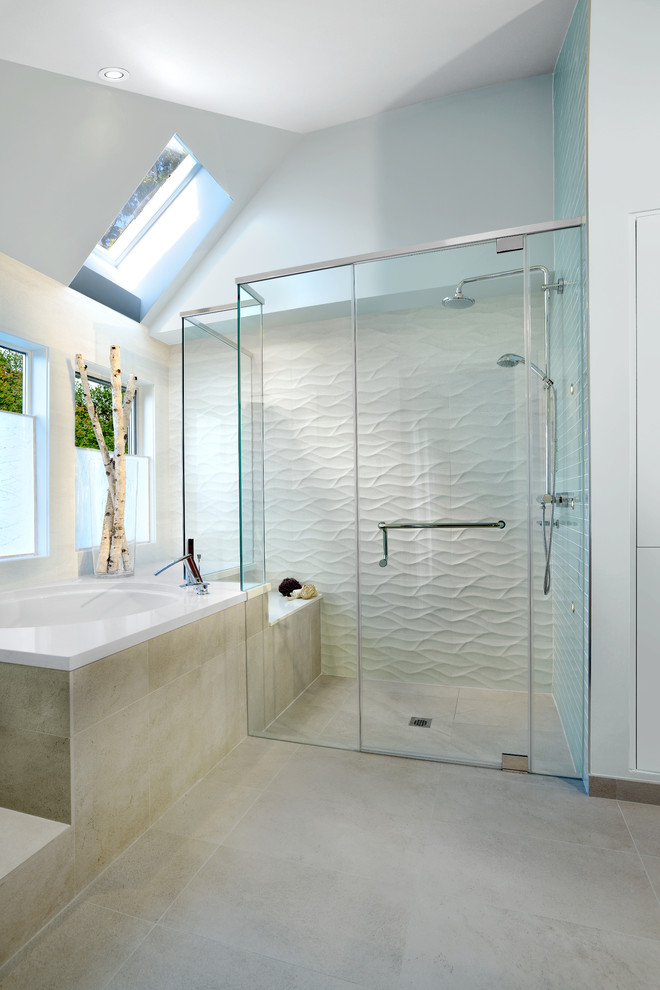 Bathroom - coastal white tile bathroom idea in Toronto with white walls