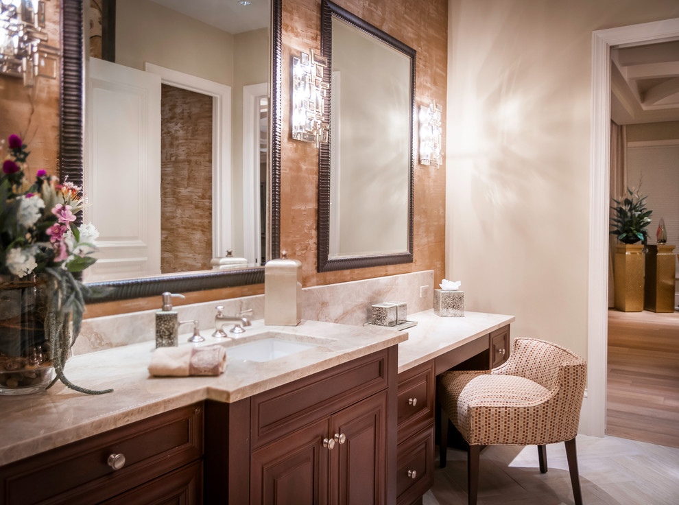Example of a huge classic travertine floor and beige floor bathroom design in Miami with recessed-panel cabinets, purple cabinets, beige walls, an undermount sink and quartz countertops
