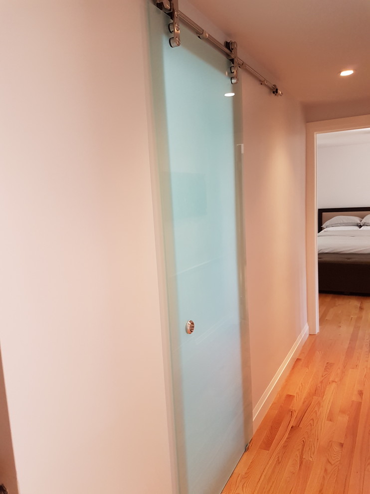 Barn doors frameless frosted glass - Contemporary - Bathroom - Toronto ...