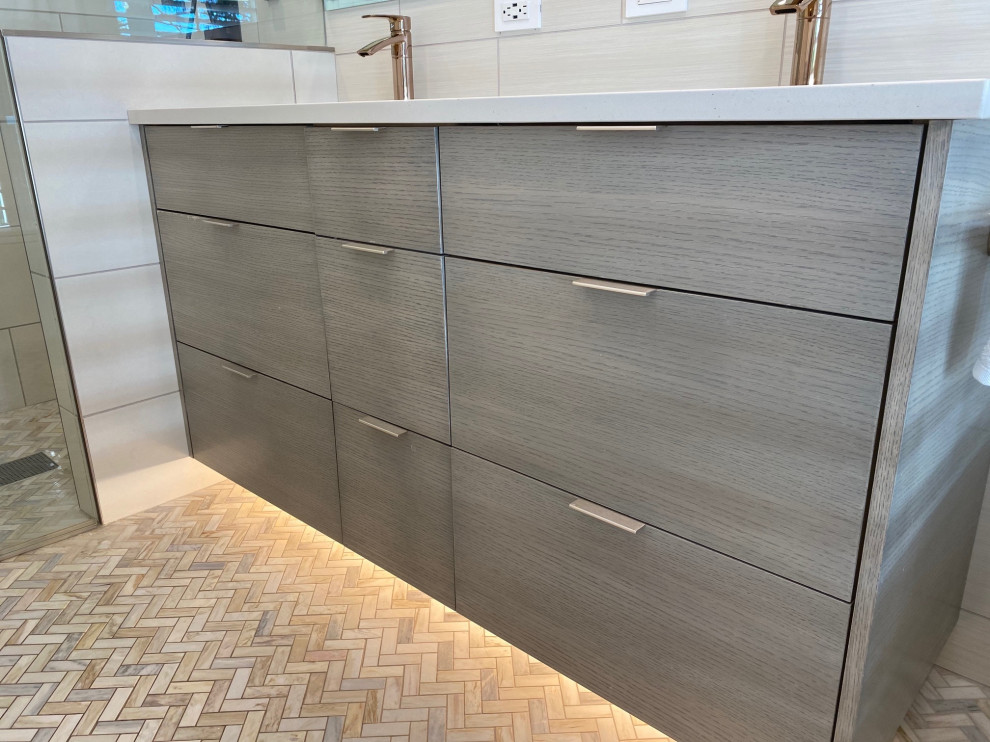 Inspiration for a mid-sized modern master double-sink walk-in shower remodel in Seattle with flat-panel cabinets, distressed cabinets, an undermount sink, a hinged shower door and a floating vanity