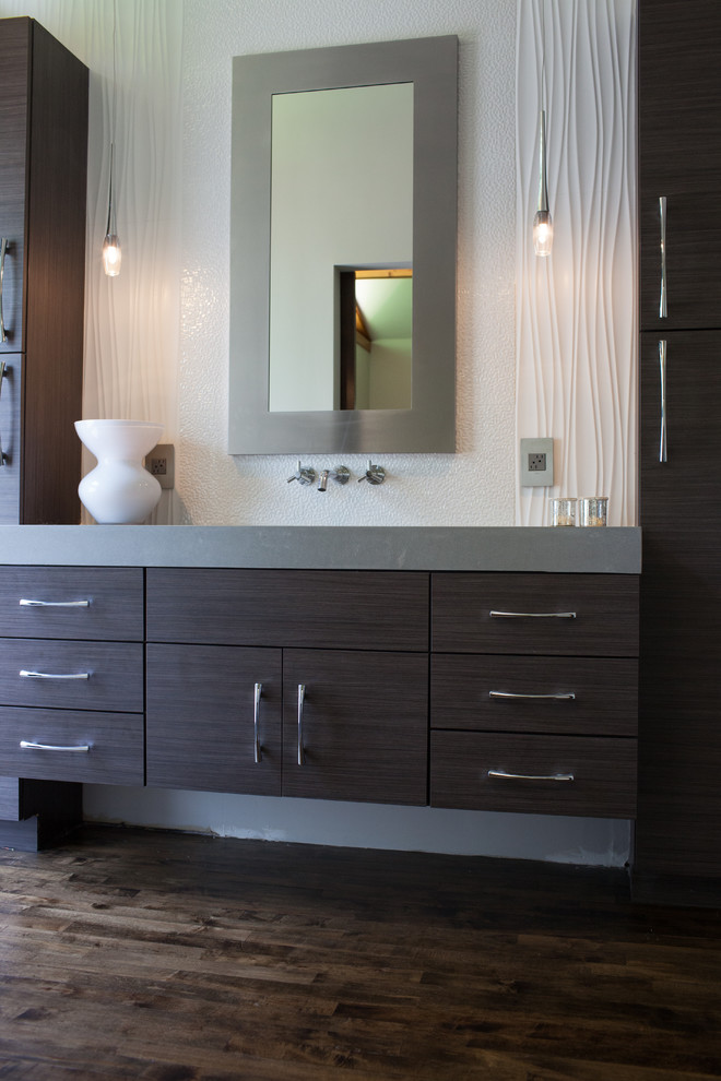 Inspiration for a contemporary bathroom in Philadelphia with flat-panel cabinets, dark wood cabinets, white walls, dark hardwood flooring and solid surface worktops.