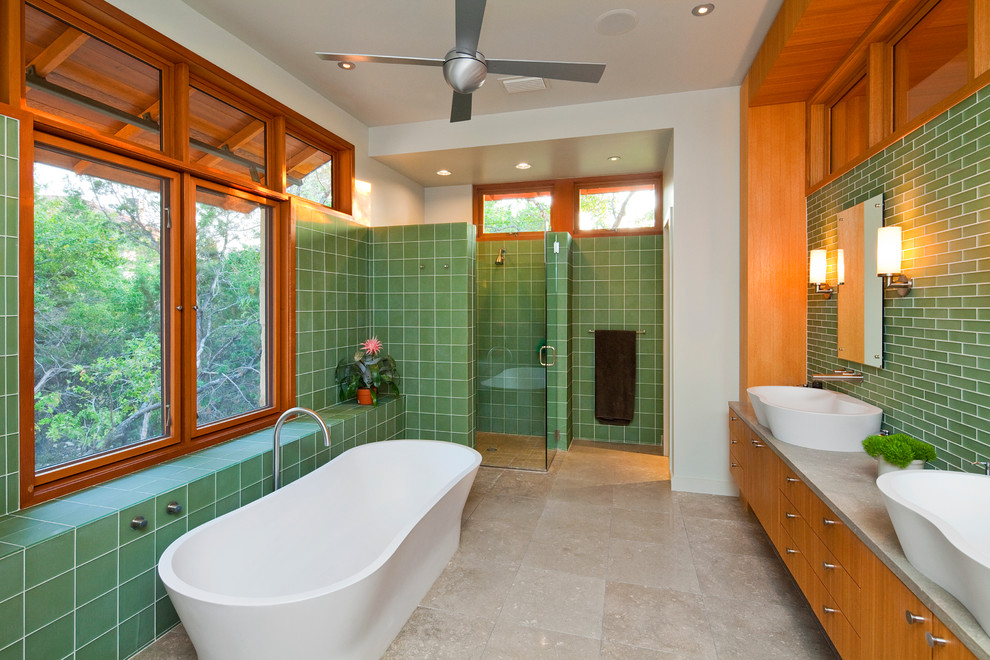 This is an example of a contemporary bathroom in Austin with a freestanding bath.