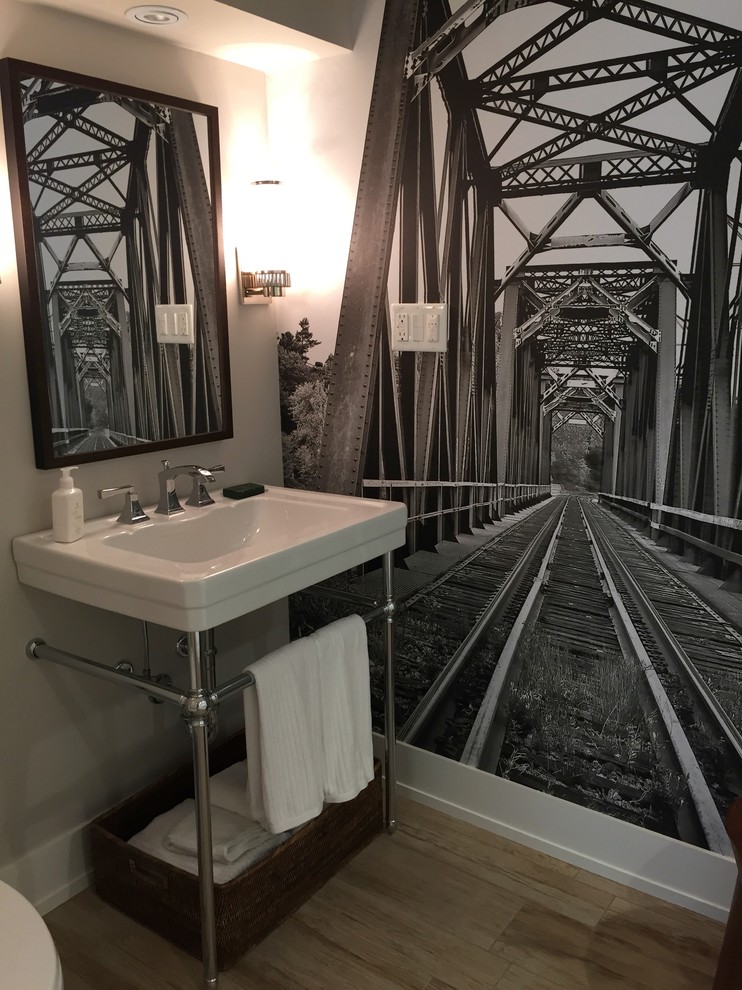 Ejemplo de cuarto de baño industrial pequeño con lavabo suspendido, baldosas y/o azulejos de porcelana, suelo de baldosas de porcelana y aseo y ducha