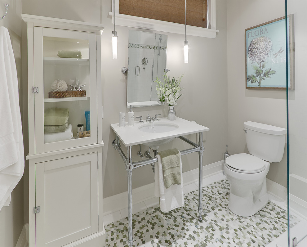 Bathroom - contemporary mosaic tile bathroom idea in Toronto with a console sink