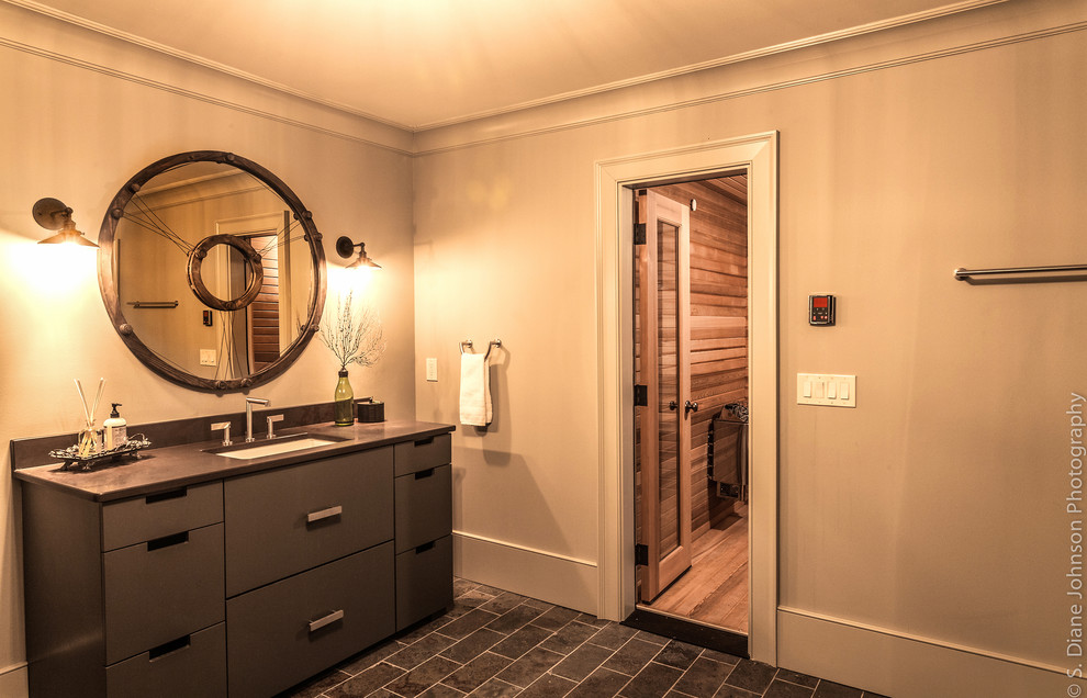 Идея дизайна: ванная комната в стиле лофт с врезной раковиной, плоскими фасадами и полом из сланца