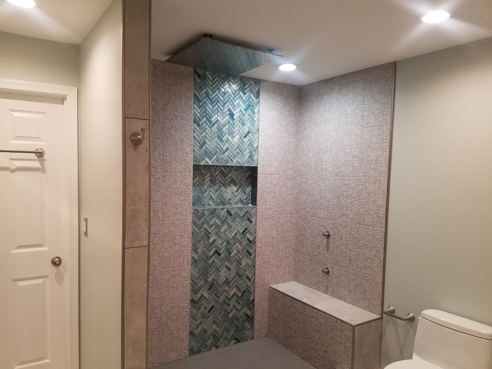 Medium sized contemporary shower room bathroom in DC Metro with freestanding cabinets, black cabinets, grey tiles, grey walls, ceramic flooring, beige floors and white worktops.