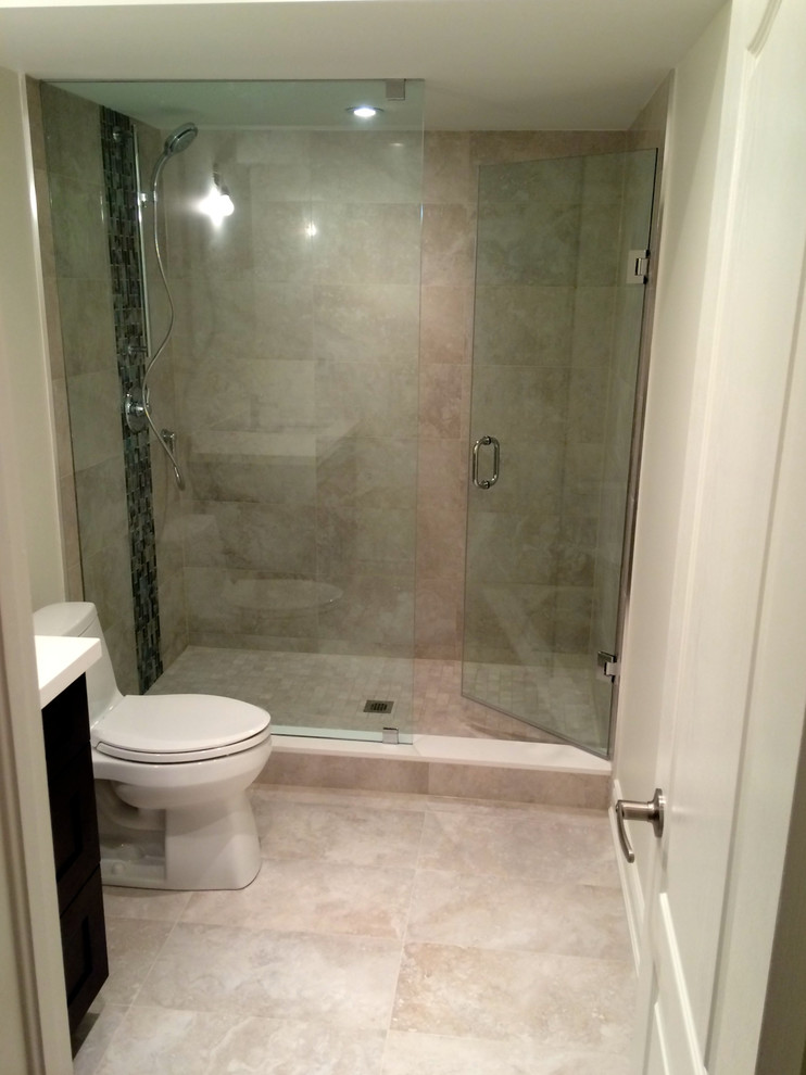 Inspiration for a mid-sized timeless porcelain tile and gray tile alcove shower remodel in Toronto with an integrated sink, flat-panel cabinets, dark wood cabinets, quartzite countertops, a one-piece toilet and beige walls