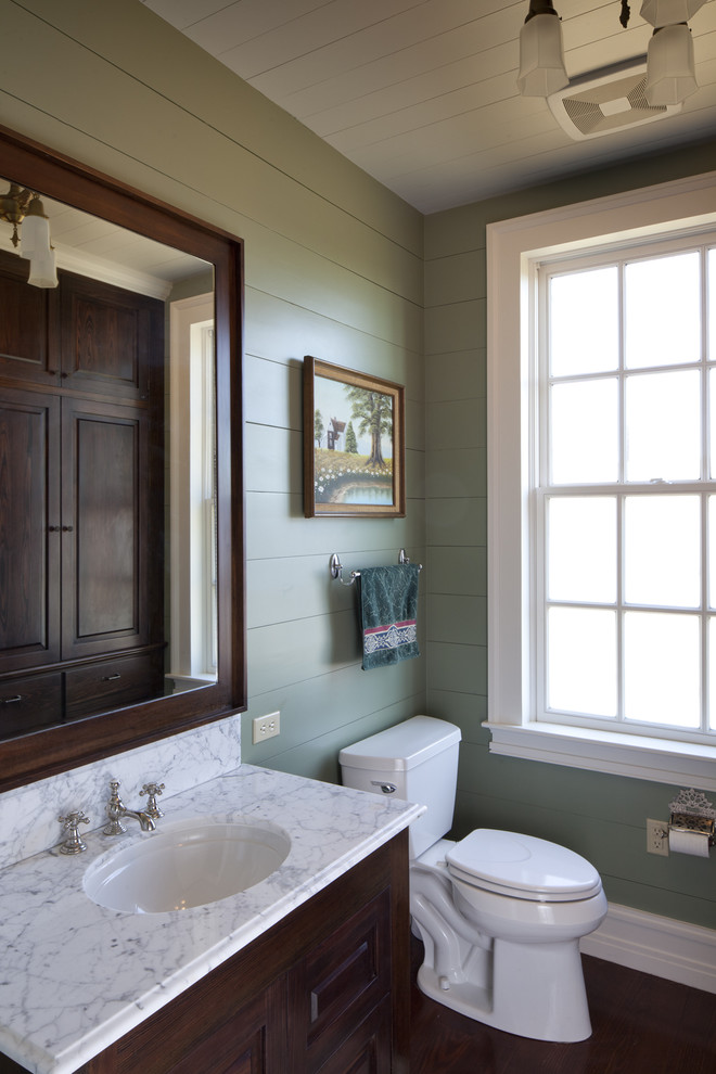 オースティンにあるラスティックスタイルのおしゃれな浴室 (アンダーカウンター洗面器、レイズドパネル扉のキャビネット、濃色木目調キャビネット、緑の壁) の写真