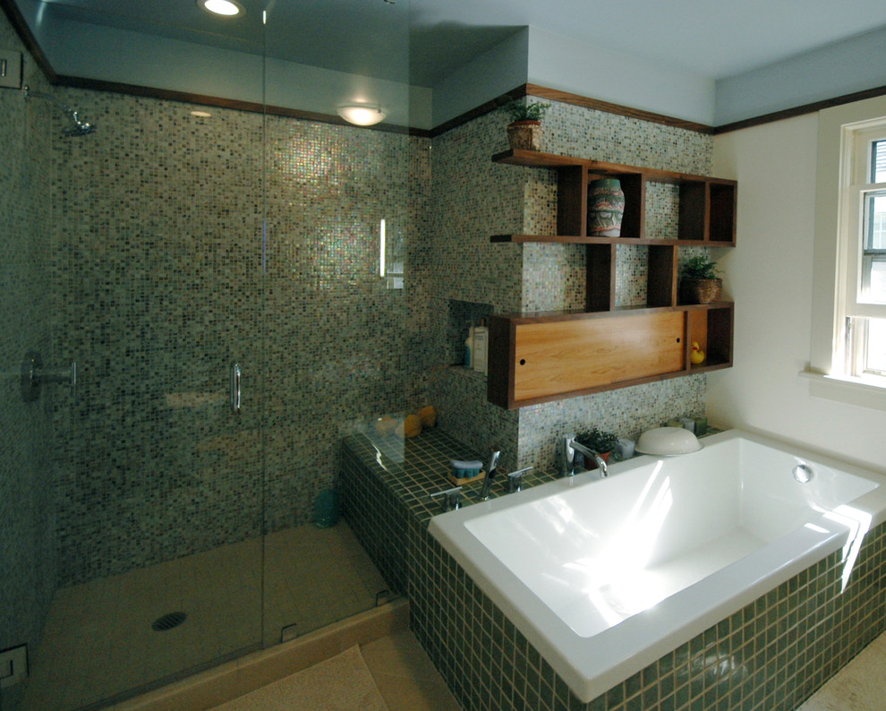 Inspiration for a large contemporary bathroom in Kansas City with a vessel sink, a built-in bath, an alcove shower, flat-panel cabinets, light wood cabinets, engineered stone worktops, a two-piece toilet, blue tiles, mosaic tiles, yellow walls and porcelain flooring.