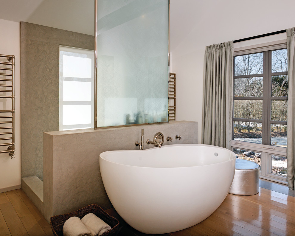 Bathroom - contemporary beige tile bathroom idea in New York