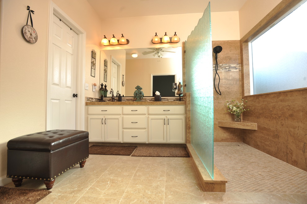 Photo of a large contemporary bathroom in Sacramento with a submerged sink, grey cabinets, granite worktops, a built-in shower and ceramic flooring.