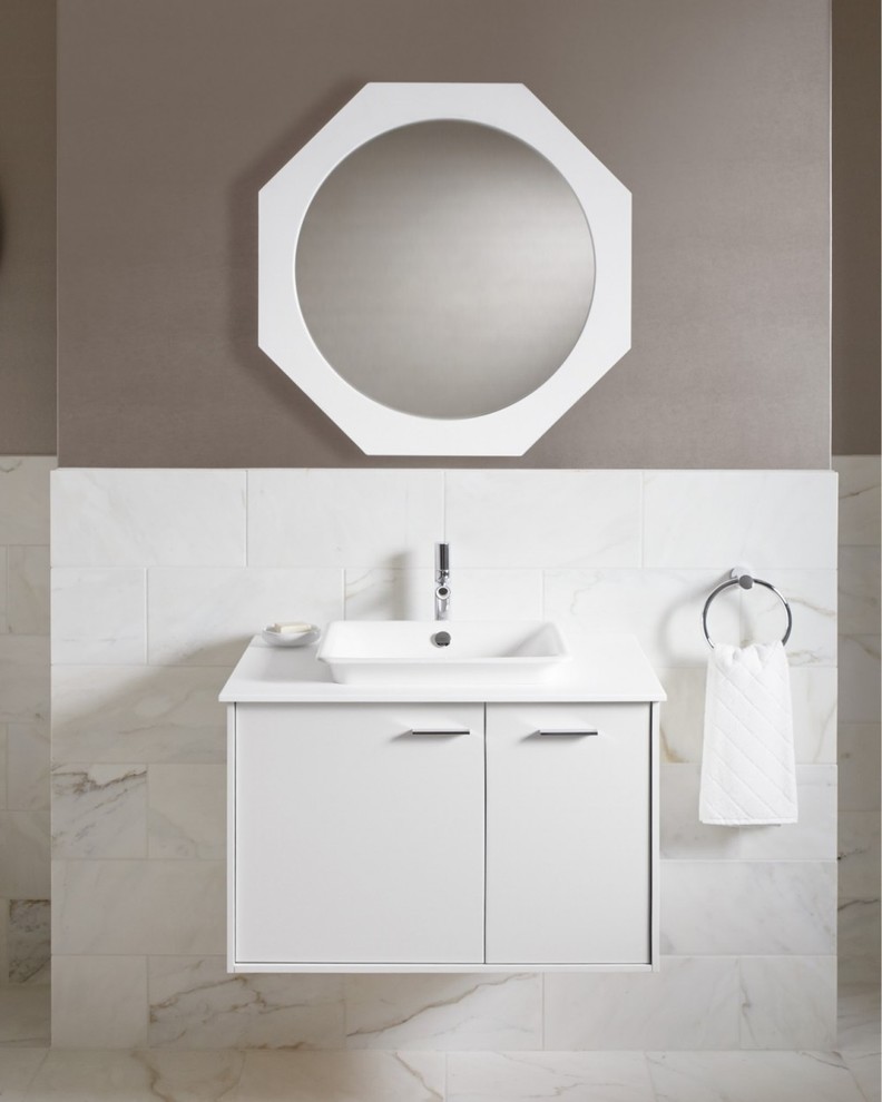 Inspiration for a medium sized modern shower room bathroom in Miami with a vessel sink, flat-panel cabinets, white cabinets, white tiles, stone tiles, grey walls, marble flooring and solid surface worktops.