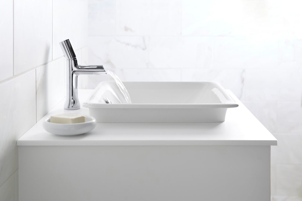 Inspiration for a modern bathroom remodel in Denver with a vessel sink