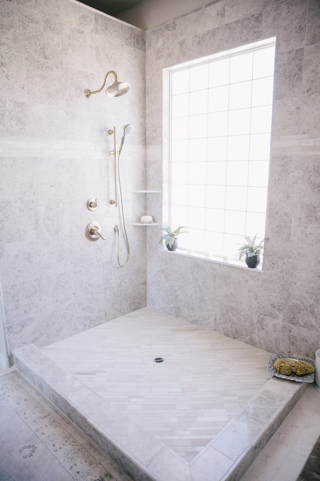 Photo of a medium sized scandi ensuite bathroom in Sacramento with shaker cabinets, white cabinets, a corner shower, beige tiles, stone tiles, beige walls, porcelain flooring, a submerged sink, solid surface worktops, beige floors and an open shower.
