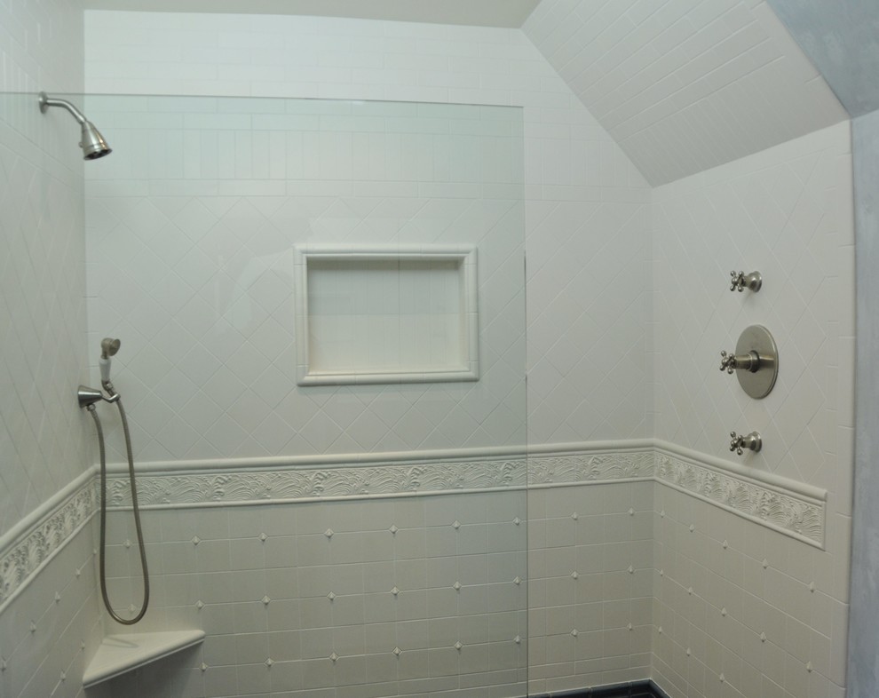 Large master white tile and ceramic tile double shower photo in Seattle