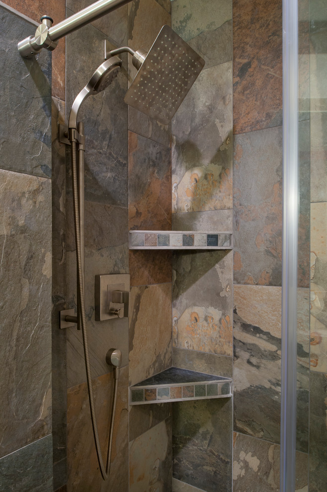 Inspiration for a large beach style ensuite bathroom in Seattle with a freestanding bath and a corner shower.
