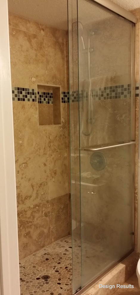 Design ideas for a small contemporary shower room bathroom in Wilmington with an alcove shower, beige tiles, stone tiles, blue walls and mosaic tile flooring.