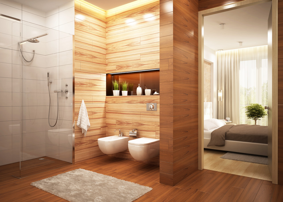 Example of a mid-sized trendy master brown tile and porcelain tile medium tone wood floor walk-in shower design in Other with flat-panel cabinets, light wood cabinets, a bidet and brown walls