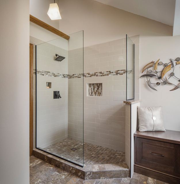 Bath Retreat Walk in Shower Arts & Crafts Bathroom Omaha by
