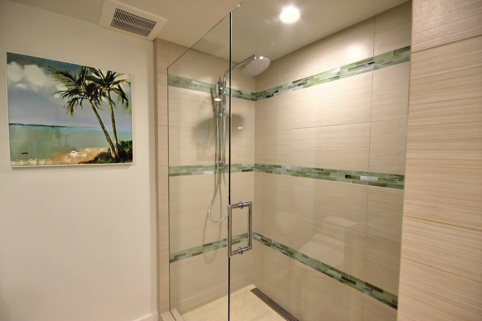 Bath Step in shower with custom glass enclosure & linear drain