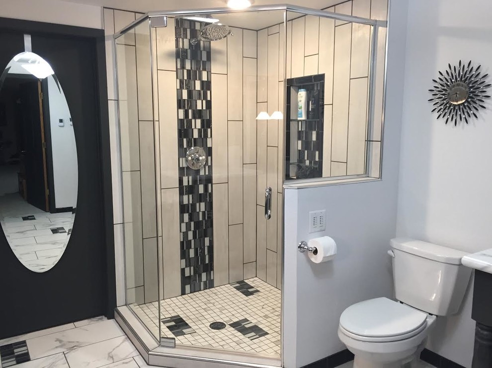 Photo of a large contemporary shower room bathroom in Other with raised-panel cabinets, grey cabinets, a corner shower, grey walls, porcelain flooring, a submerged sink, laminate worktops, multi-coloured floors and a hinged door.