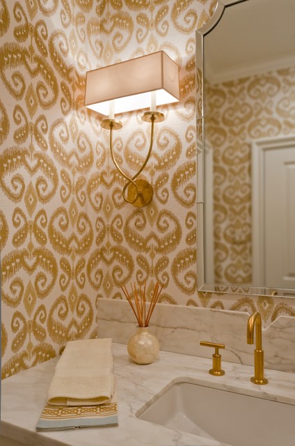 Bath with Gold Accents and Ikat grasscloth wallpaper - Transitional ...