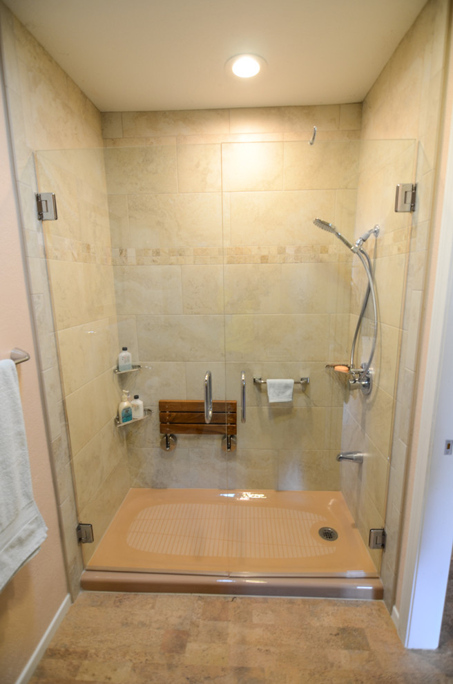 Example of a mid-sized classic 3/4 beige tile and porcelain tile cork floor alcove shower design in Tampa with a vessel sink, flat-panel cabinets, dark wood cabinets, granite countertops, a one-piece toilet and beige walls