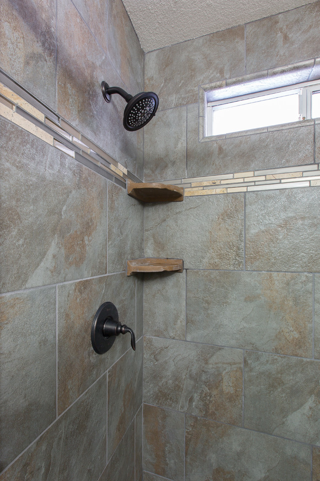 Inspiration for a bathroom in Sacramento with engineered stone worktops, an alcove shower, beige tiles and beige walls.