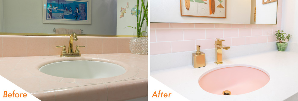Пример оригинального дизайна: ванная комната в классическом стиле с фасадами цвета дерева среднего тона, угловой ванной, угловым душем, розовой плиткой, керамической плиткой, белыми стенами, полом из керамогранита, врезной раковиной, столешницей из кварцита, разноцветным полом и белой столешницей