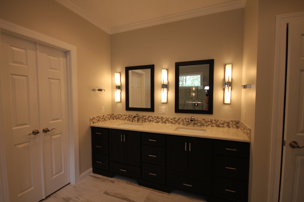 Photo of a traditional ensuite bathroom in Raleigh with granite worktops, porcelain tiles and porcelain flooring.