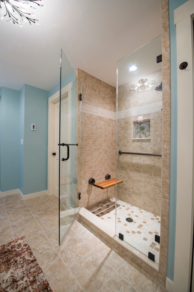 Alcove shower - contemporary beige tile ceramic tile alcove shower idea in Portland Maine with shaker cabinets, white cabinets, blue walls, an undermount sink and granite countertops