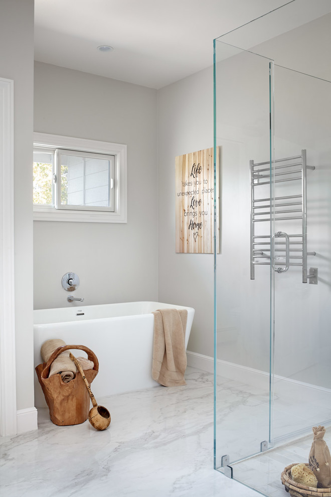 This is an example of a large contemporary ensuite bathroom in San Francisco with flat-panel cabinets, medium wood cabinets, a freestanding bath, a built-in shower, grey tiles, white tiles, marble tiles, grey walls, marble flooring, a submerged sink, engineered stone worktops, grey floors, an open shower, grey worktops, double sinks and a built in vanity unit.