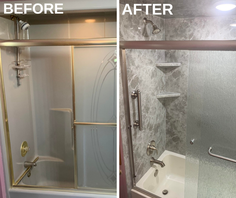 Esempio di una stanza da bagno per bambini contemporanea di medie dimensioni con vasca/doccia e piastrelle grigie